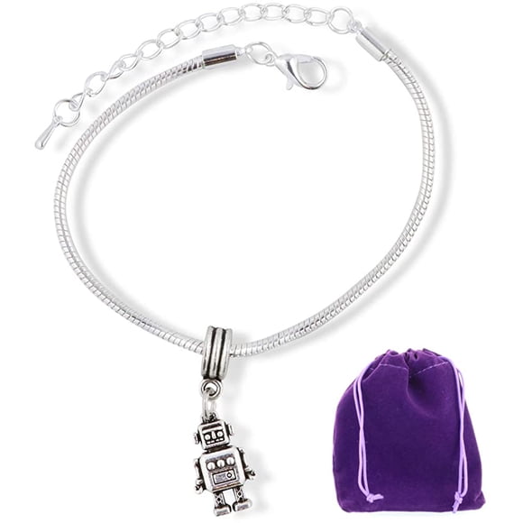 Robot Bracelet | Stainless Steel Hypoallergenic Snake Chain Charm Bracelet Robot Jewelry with Robot Charm and Robot Favors for Parties A Retro Robot Gift for Women and Men (stainless-steel, womens