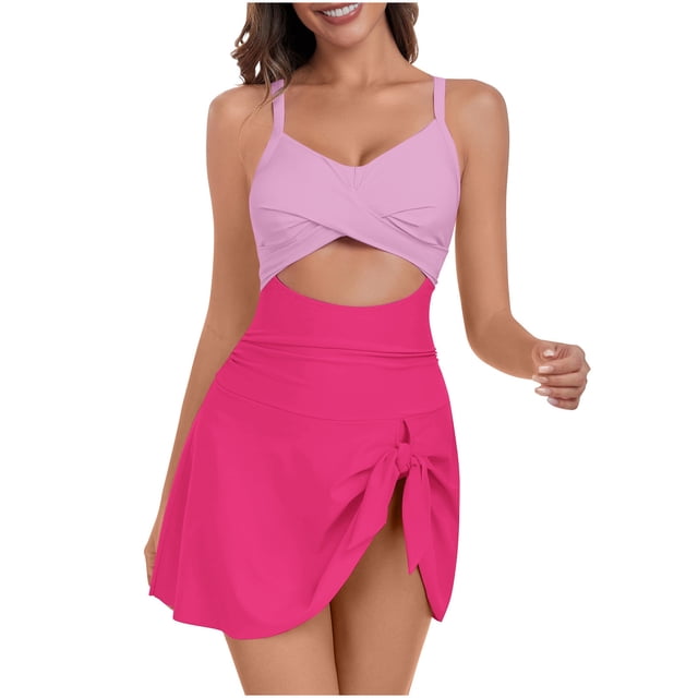 Sentmoon Bikinis pour Femmes à Bretelles Spaghetti Maillots de Bain pour Femmes Robe de Bain pour Femmes Maillot Rehausseur Maillot de Bain Modeste Découpes Col Mignon Jupe à Nœud à Nouer Patchwork pour Looks Mode et Tendance