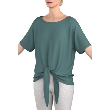 women's boat neck comfortable jersey short sleeve T-shirt with knot hem and drop-shoulder design