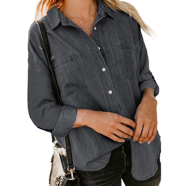MAWCLOS Ladies Loose Curved Hem Denim Shirts Office With Pockets Tops Black 2XL