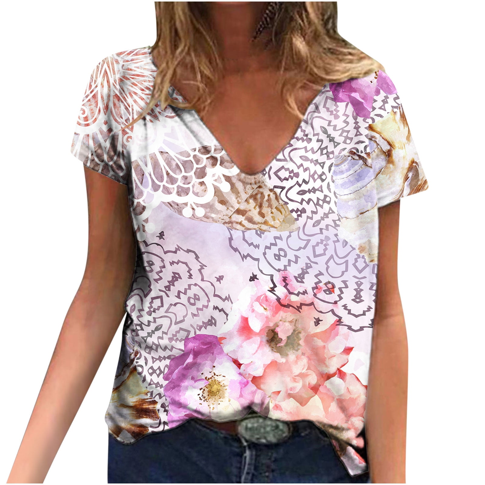 Hauts d'Été pour Femmes Manches Courtes Femmes Blouse d'Été Imprimée T-Shirts Décontractés Col en V Manches Courtes T-Shirts Hauts