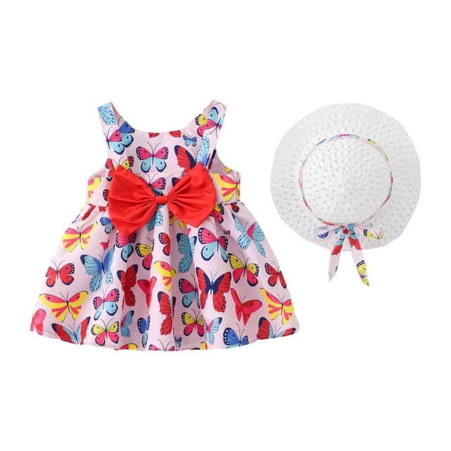 Robe pour Tout-Petit Robe Tutu pour Bébé Fille Robe d'Été Sans Manches pour Filles avec Chapeaux 2 Pcs Robe de Princesse pour Bébé 2-3 Ans