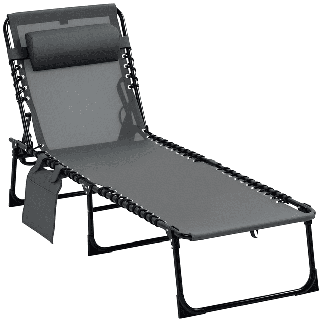 Outsunny Folding Lounge Chair in grey, featuring a reclining design with an adjustable backrest offering 5 lockable positions. The chair is made with weather-resistant mesh fabric supported by a powder-coated steel frame, ensuring durability and a weight capacity of up to 264 lbs (120 kg). It includes a removable padded headrest that doubles as lumbar support, a side pocket for storing small items, and a foldable design for easy transport and compact storage. Fully reclined dimensions are 74.4 inches long, 22.8 inches wide, and 11.8 inches high.
