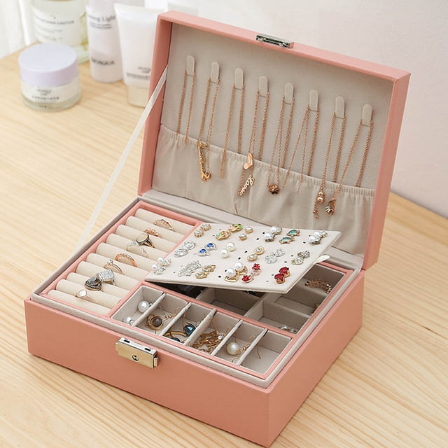 LSLJS Jewelry Organizer Box Leather Large Jewelry Boxes Earrings Holder Organizer Storage Case Double Layer Display with Removable Tray Elegant Jewelry Box