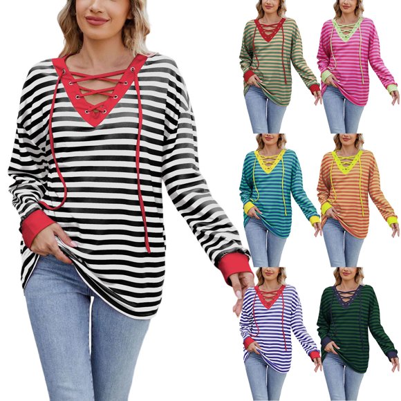 RKSTN Women's Striped Long Sleeve Shirts Color Block Button Up V Neck Pullover Shirts Blouses Womens Casual Striped Print Lightweight Relaxed Fits Long Sleeve T Shirts Tops Fall