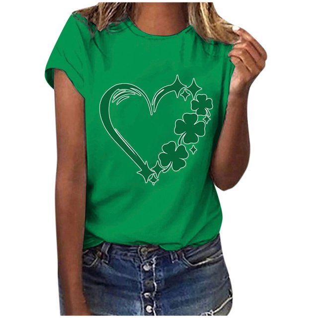 TopLLC St. Patrick's Day Patricks Day Chemises pour Femmes Hauts de Sarrau St Patricks Day Mode pour Dames St. Imprimé Cœur Manches Courtes Col Rond Chemise Femme Décontractée Ample