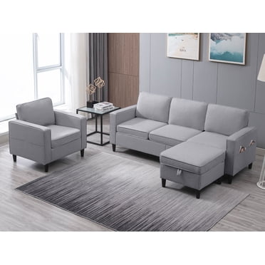 BALUS 2 Pieces Couch Set, L Shaped Sofa with Storage Ottoman , 5-Seats Sofa Couches, Living Room Set Furniture, Linen,  Light Gray