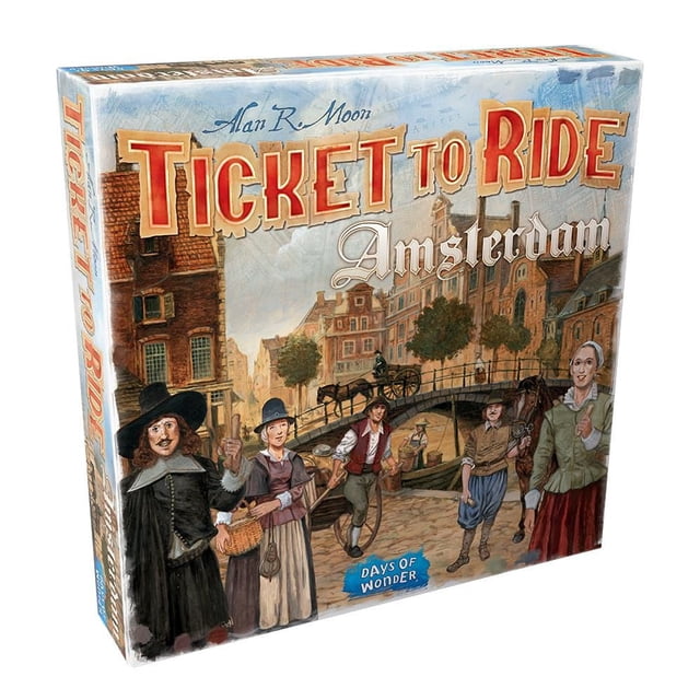 Ticket to Ride - Express - Amsterdam board game box showing an illustrated historic Amsterdam canal scene with people in period clothing, a horse-drawn carriage on a bridge, and classic buildings, by Days of Wonder, for 2 to 4 players aged 8 and up, suitable for family and beginner players.