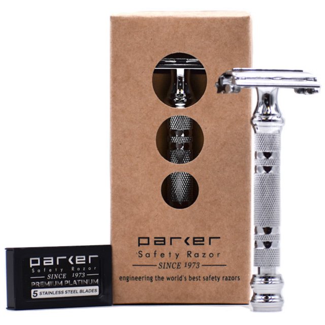 Parker 66R Butterfly Open Double Edge Safety Razor - Super Heavyweight with 5 Parker Premium DE Blades