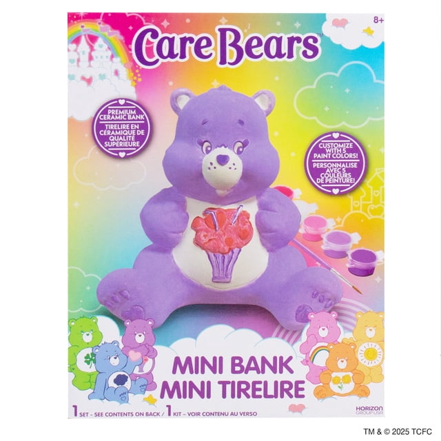 Care Bears™ Tirelire Mini avec un Ourson à Partager en Céramique Violet et un bouquet de Fleurs Rouges sur le Ventre, Incluant Cinq Peintures Acryliques et un Pinceau pour Personnalisation, Convient comme Jouet Fantaisie et Bocal à Argent pour Enfants de 8 Ans et Plus.