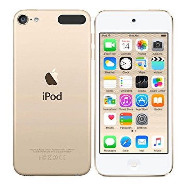 Apple iPod Touch 6th Generation 128GB Gold, Like New, featuring a gold back with Apple logo and iPod branding, and a front view showcasing the 4-inch Retina display with app icons for music, gaming, and social networking. Packaged in a plain white box with engraving on the back. Includes a new lightning cable, earPods, screen protector, and clear case.