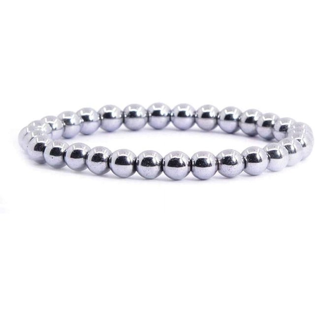 Bracelet Extensible Unisexe en Perles Rondes de 6 mm avec Hématite Revêtue d'Argent Métallique