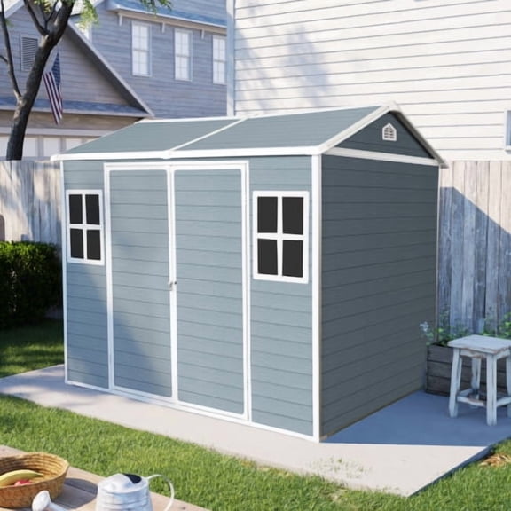 Remise de Rangement Extérieure en Résine 8 x 6 Pi, Remise Imperméable avec Plancher et Deux Fenêtres et Porte Verrouillable, Remise à Outils pour Jardin, Patio, Cour Arrière, Gris