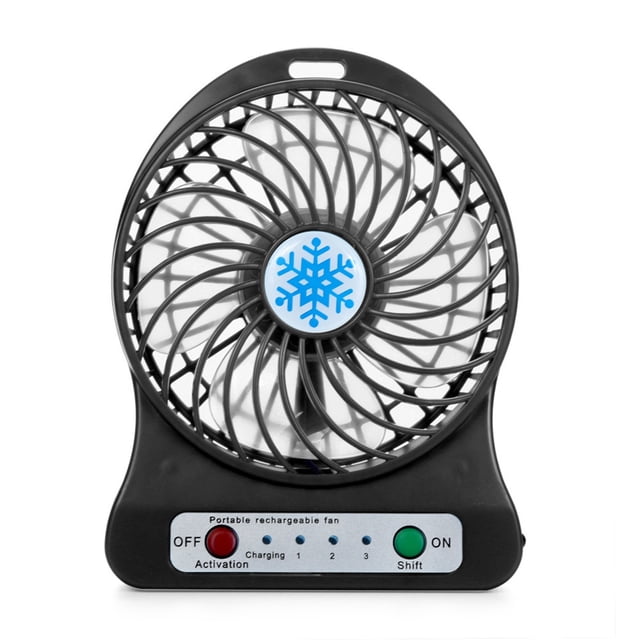 Pompotops Portable Rechargeable LED Light Fan Cooler Mini Desk USB 18650 Battery Fan with a compact black design, circular grille, and blue snowflake emblem at the center. Features include three-speed settings, rechargeable 18650 battery, and LED flashlight mode. The base has activation buttons, speed indicators, and charging status lights. Suitable for office, bedroom, table, or outdoor use.