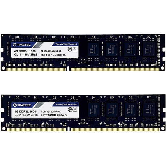 Timetec 8GB KIT(2x4GB) DDR3L / DDR3 1600MHz PC3L-12800 / PC3-12800 Non-ECC Unbuffered 1.35V / 1.5V CL11 2Rx8 Dual Rank