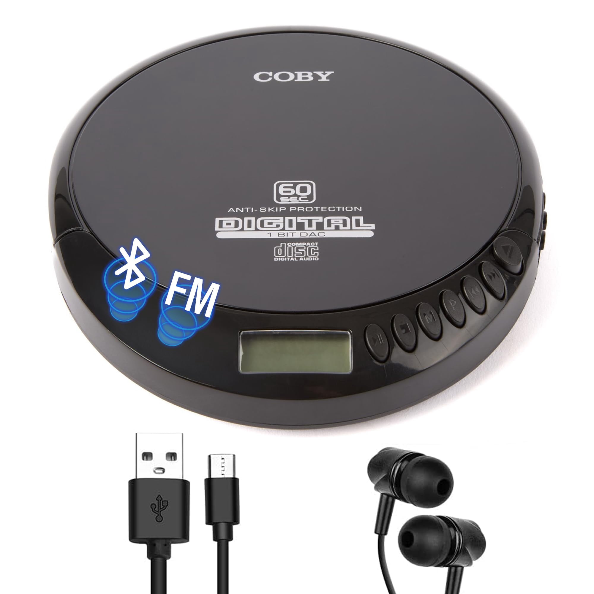 Coby CD Player Portable Bluetooth CD Player for Car, Headphones, FM, AUX, MP3 Anti-Skip CD Player for Home, Compact Discman, Rechargeable, Lightweight