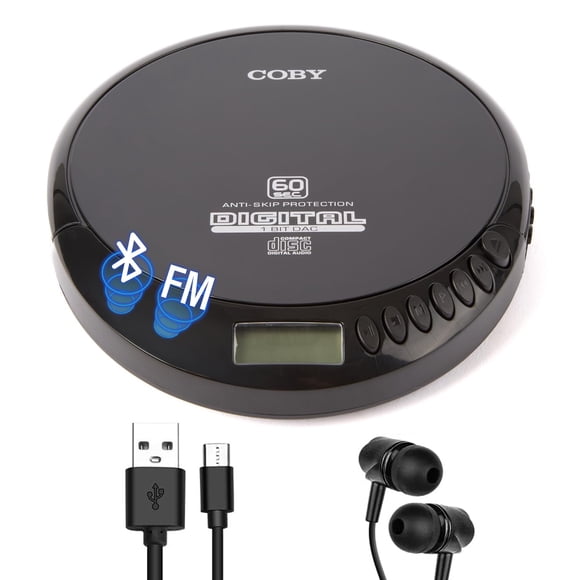 Coby Lecteur CD Portable Bluetooth Lecteur CD pour Voiture, Écouteurs, FM, AUX, MP3 Lecteur CD Anti-Saut pour la Maison, Disque Compact, Rechargeable, Léger