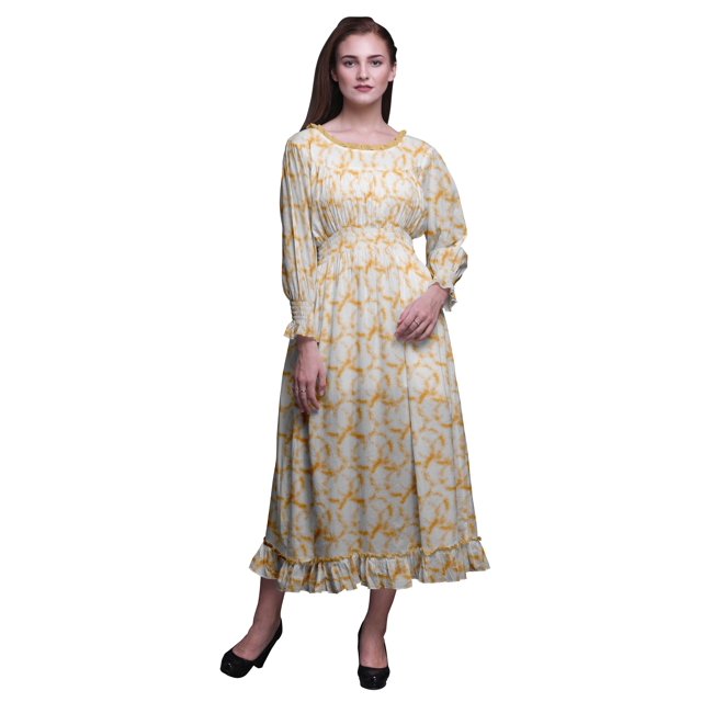 Bimba Tie-Dye Women Cotton Smocked Boho Renaissance Long Ruffle MaxiDress-XX-Large