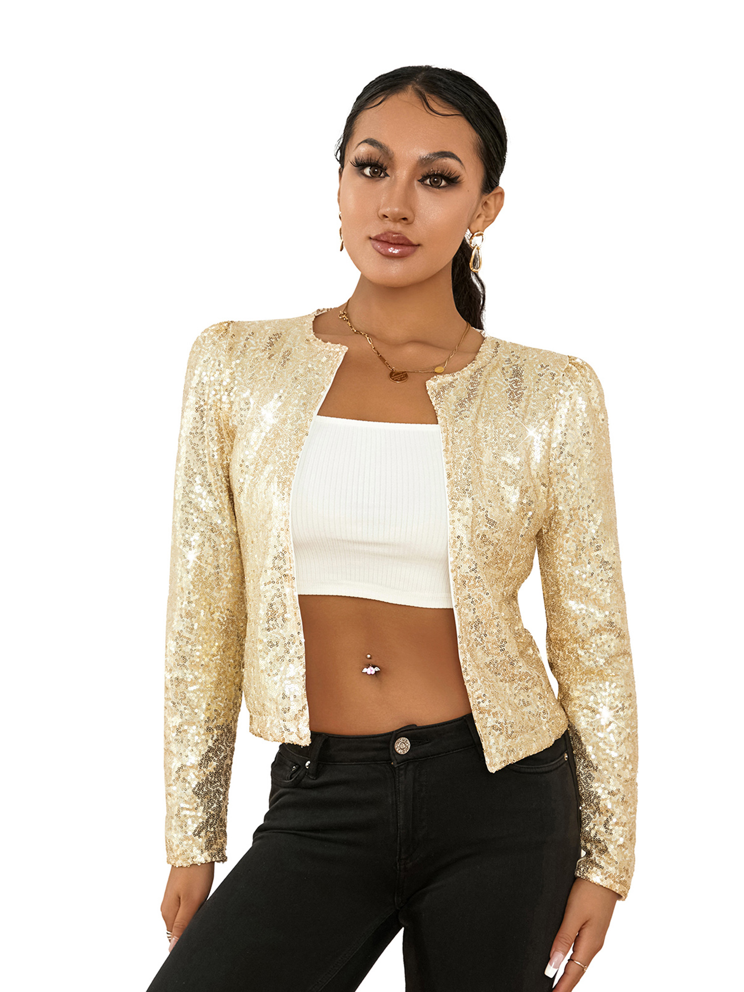 Kmbangi Women Sequined Jacket, Long Sleeve Open Front Fall Ladies Cardigan for Club Party