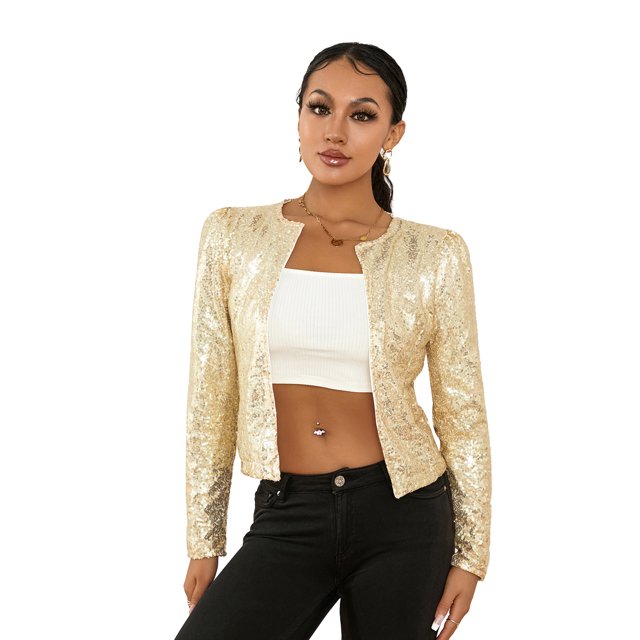 Kmbangi Women Sequined Jacket, Long Sleeve Open Front Fall Ladies Cardigan for Club Party