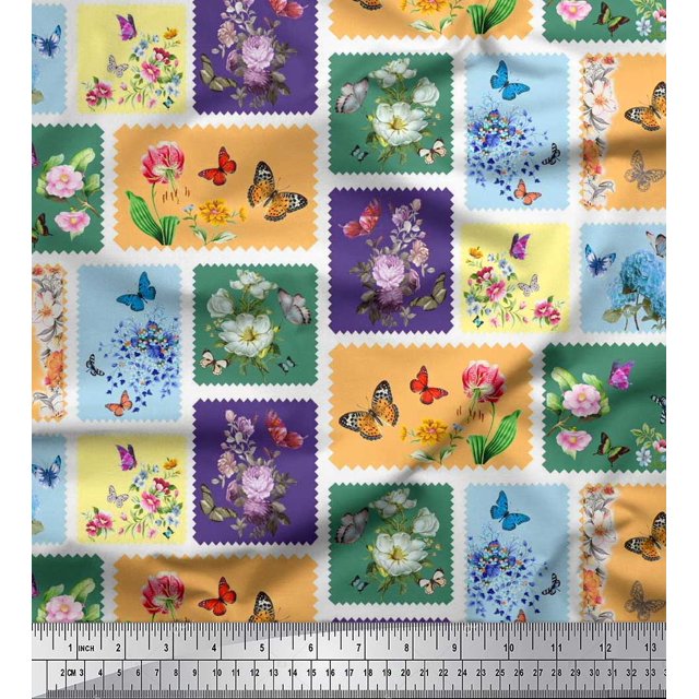 Soimoi Purple Moss Georgette Fabric Floral & Insect Patchwork Print Fabric by The Yard 42 Inch Wide