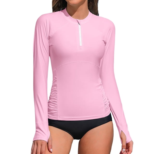 Charmo Women's Long Sleeve Swim Shirts,Zipper Rash Guard Quick Dry Swimsuit Tops,Athletic Workout Running Tops UPF 50+