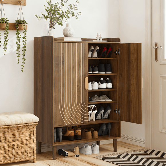 Semiocthome 31.5" Shoe Cabinet with 2 Flip Drawers for Entryway, Freestanding Narrow Shoes Storage Rack, Walnut