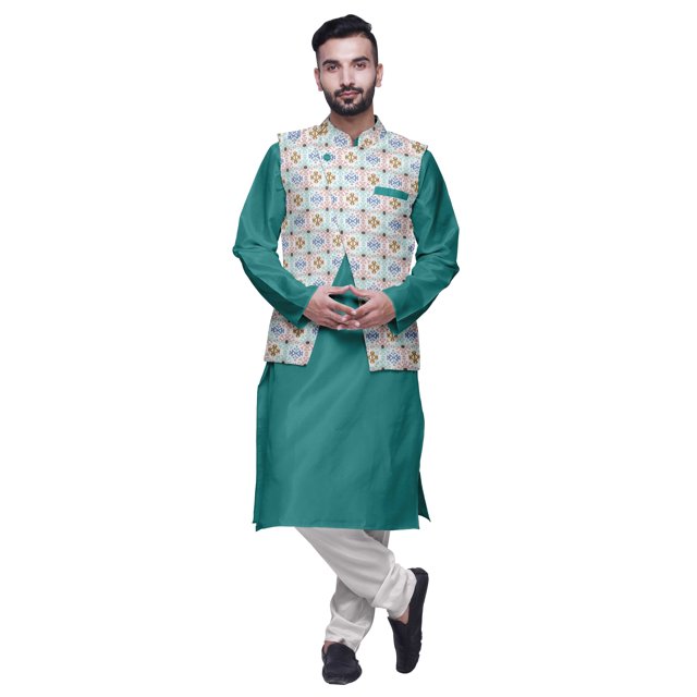 Atasi Men Mandarin Collar Solid Kurta Churidar Pajama & Printed Nehru Jacket Set