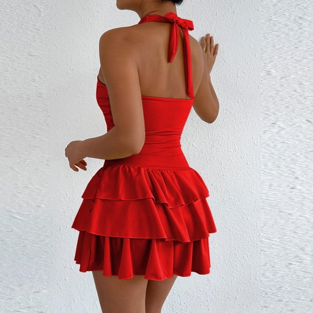 Mceream Women's Halter Neck Ruffled Layered Mini Dress, Flared Skater Dress with Built-In Shorts, Cute Party, Club, Dance Dresses for Teens Red XS