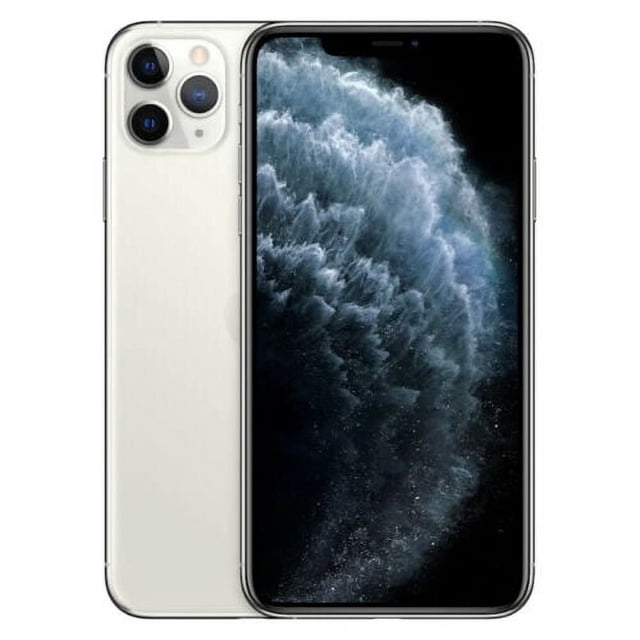 Restored Apple iPhone 11 Pro Silver 512GB Unlocked (Refurbished) shown in a front and back view. Features a Super Retina XDR display, triple-camera system with Ultra Wide, Wide, and Telephoto lenses, and A13 Bionic chip for advanced performance. Professionally inspected and cleaned, with minimal micro-scratches visible only at close range. Suitable for gaming, photography, and augmented reality.