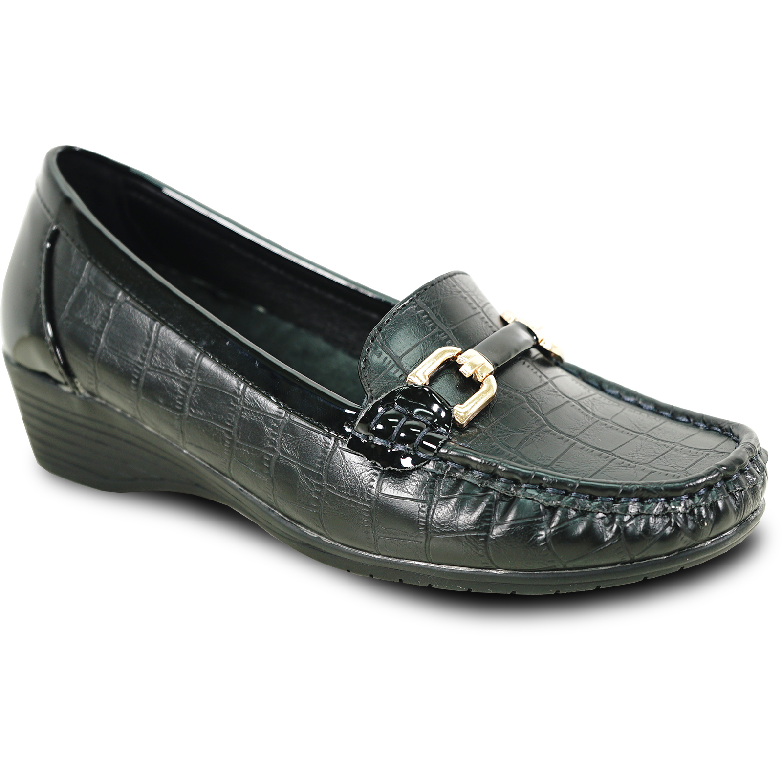 kozi Femme Confort Décontracté Chaussure Compensée à Enfiler Mocassin ML3252 Bout Rond Détail Boucle Semelle Intérieure Amovible Noir Taille 6