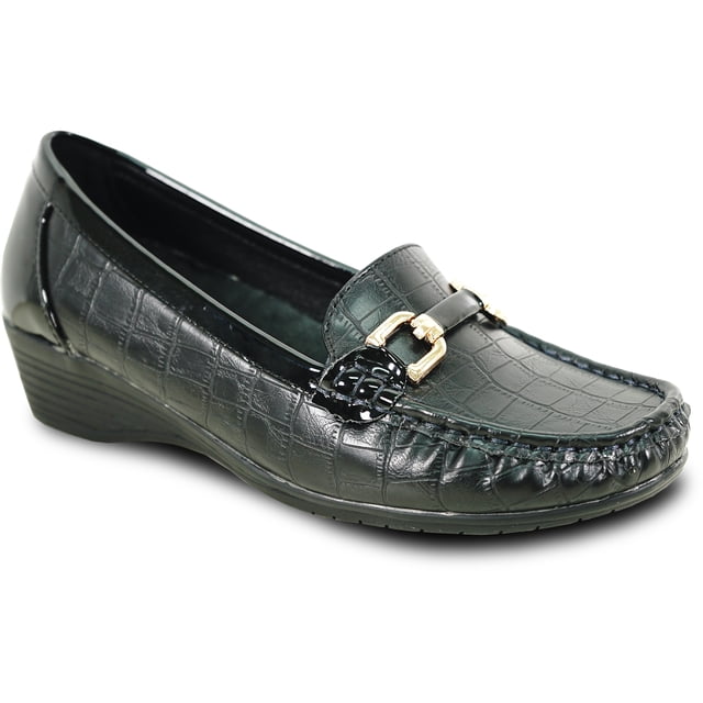 kozi Femme Confort Décontracté Chaussure Compensée à Enfiler Mocassin ML3252 Bout Rond Détail Boucle Semelle Intérieure Amovible Noir Taille 8