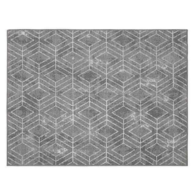 3-ft x 4-ft Malika Grey Printed Floor Mat with a grey and white contemporary geometric diamond pattern, made of durable, stain-resistant polyester yarns tufted in level loop pile, backed with latex rubber gel foam to prevent slipping, ideal for mudrooms or vestibules and machine washable for easy cleaning.