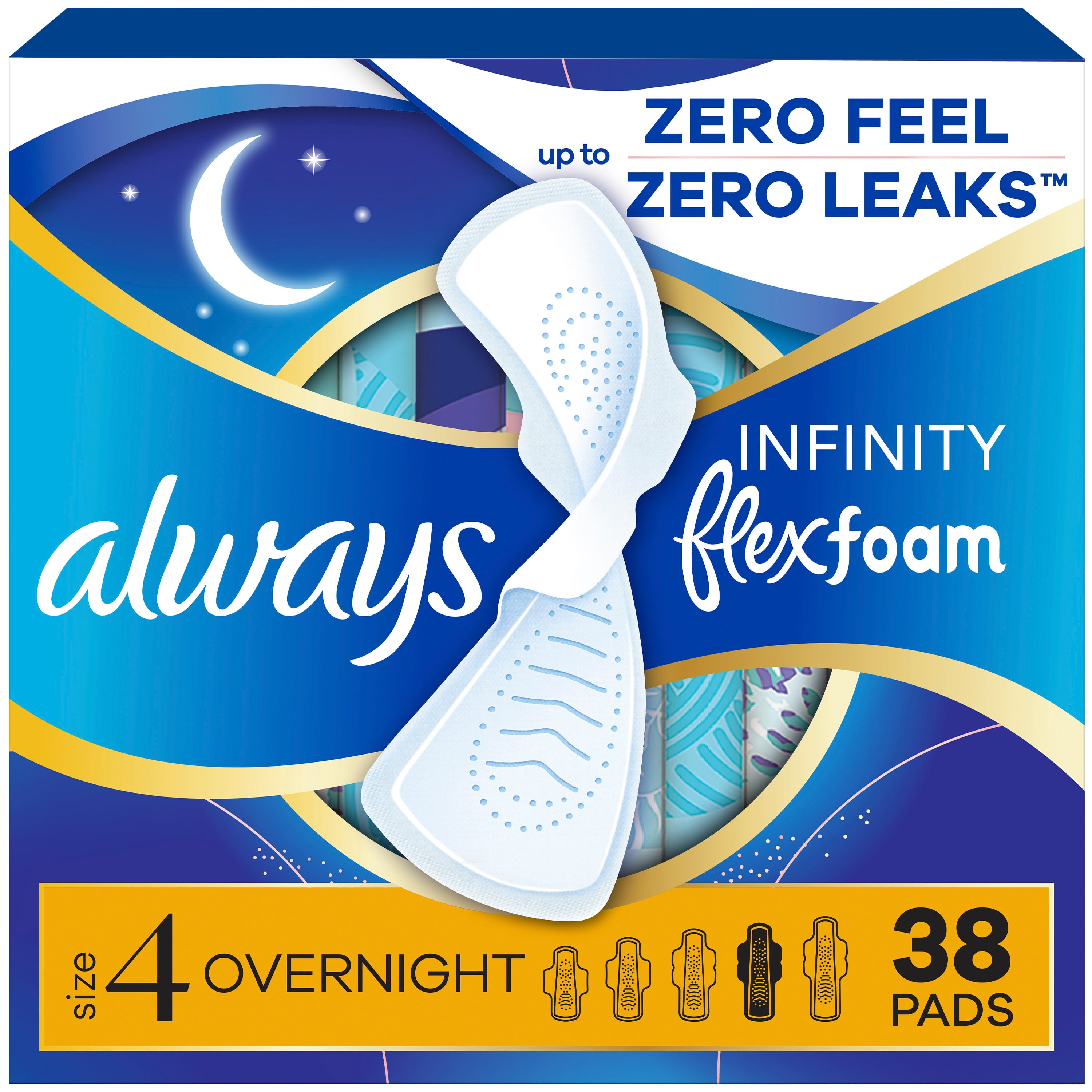 Serviettes Always Infini FlexFoam pour femmes, taille 4, de nuit, avec ailes, sans parfum, 38 serviettes