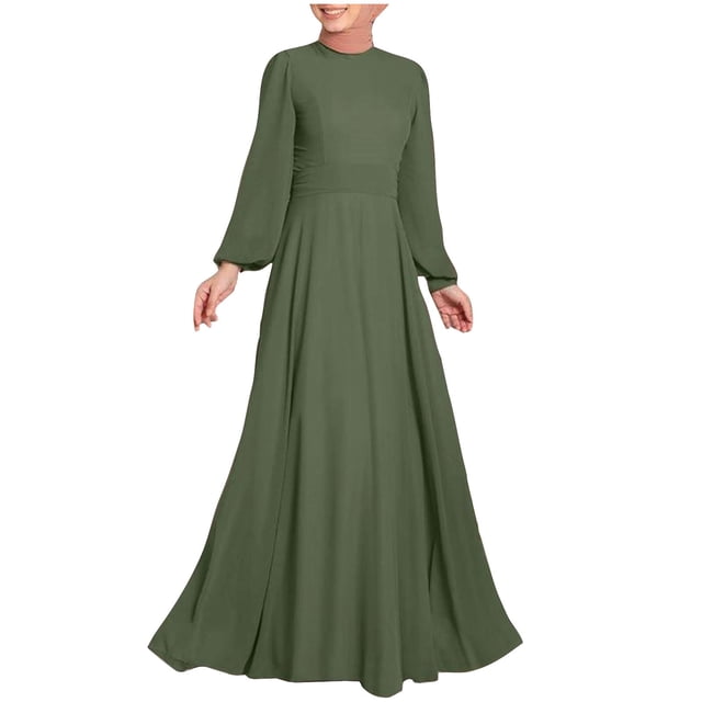 Women High Neck Abaya Muslim Dress Solid Color Prayer Clothes Long Sleeve Islamic Robe Full Length Dresses