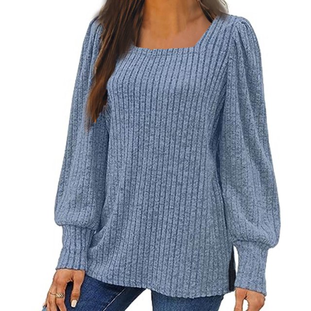 Meichang Puff Long Sleeve Shirts for Women Plus Size Square Neck Ribbed Knit Tops Solid Loose Fit Side Slit Hem Blouses Spring Trendy Women Tunic Tops