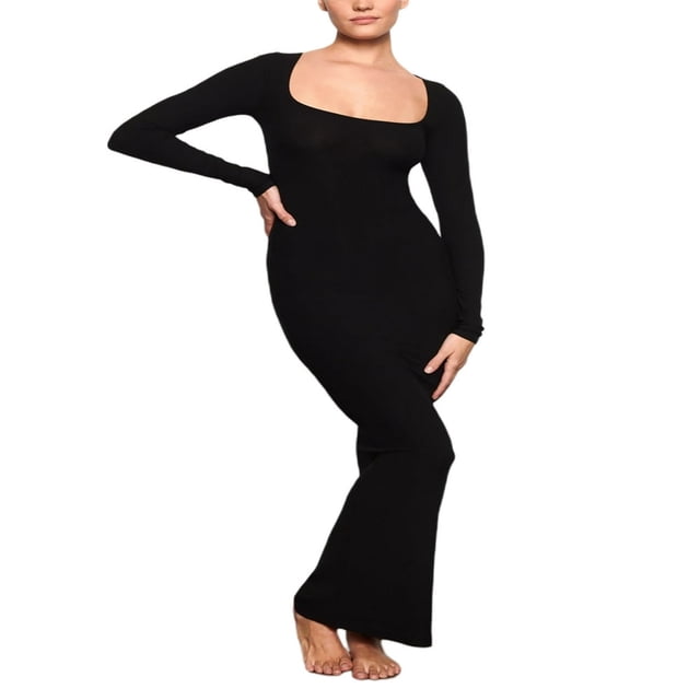 Robe Longue Moulante pour Femmes, Couleur Unie, Encolure Carrée, Longue Robe Taille Haute, Élégante, Soirée, Fête, Formelle, Ajustée