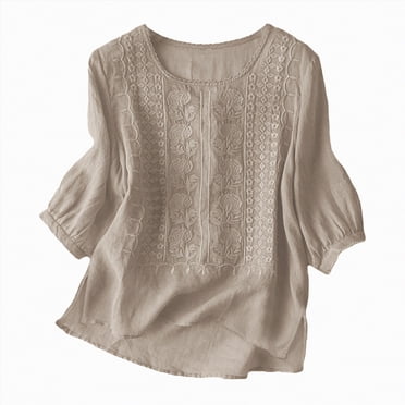 WUANDIXFA Jolis Hauts pour Femmes Chemises en Lin pour Femmes Rétro Broderie Été Ample Manches 3/4 T-Shirts Tuniques Hauts Blouses Décontractées Vêtements Boho Café,m