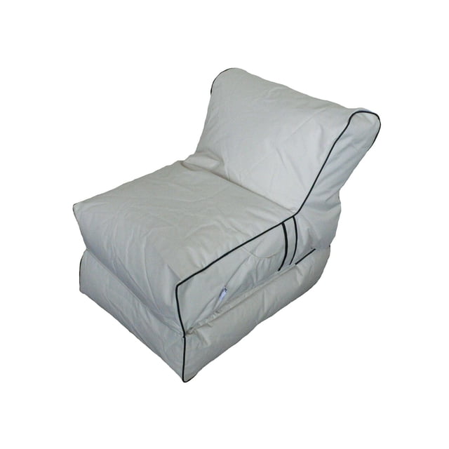 Boscoman Madera Outdoor Flip Bean bag Chair in light beige with black piping, shown in a 3/4 profile view. This kids' bean bag chair features a cushioned backrest and seat with durable, easy-clean fabric and a sealed zipper to keep polystyrene beads contained. Ideal for casual seating in kids' rooms and often used for relaxed lounging.