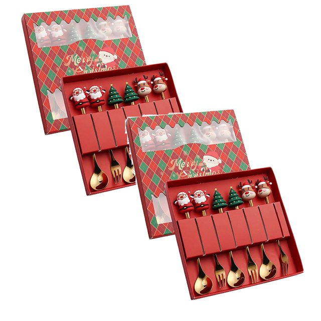 Oleegame 2PC Stainless Steel Cutlery Set Christmas Tableware Set Stainless Steel Spoon Gift Set Dessert Spoon Fork Coffee Spoon Christmas Pendant Spoon Tableware Set Gift