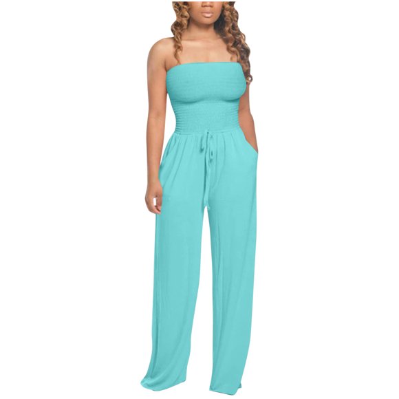 Cameland Womens Fashion Summer Solid Bandaget Elastic Waist Pocket Casual Sleeveless Jumpsuit