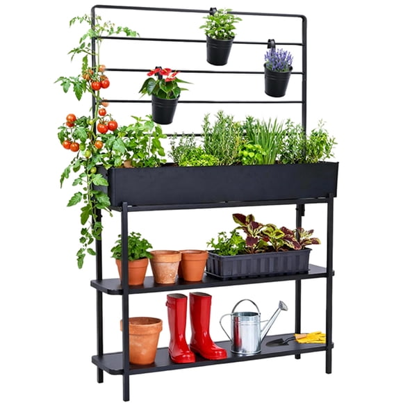 Jardin Surélevé de 35,5 Po H avec Treillis et Drainage, Bac à Plantes en Métal à 3 Niveaux avec 3 Seaux Suspendus et Tablettes de Rangement, Support à Plantes Résistant à la Rouille pour Légumes, Fines Herbes, Fleurs