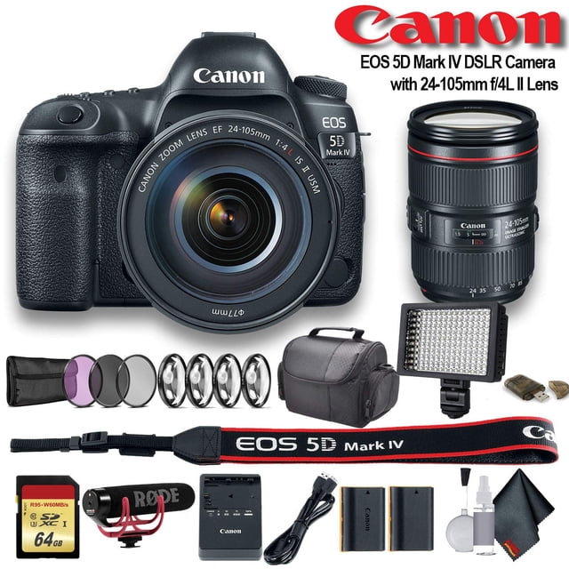 Canon EOS 5D Mark IV DSLR Camera with 24-105mm F/4L II Lens (Intl Model) W/ Bag, Extra Battery, LED Light, Mic, Filters and More - Advanced Bundle(International Model)