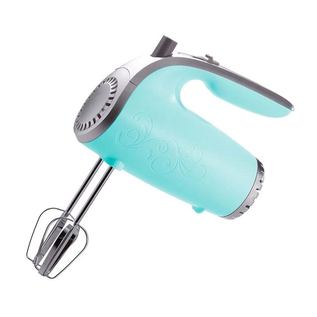 Brentwood Lightweight Electric Hand Mixer in light blue with ergonomic handle and subtle swirl pattern, featuring chrome plated metal beaters and gray speed control dial, shown angled on white background, ideal for beating eggs, whipping cream, and mixing light batters.