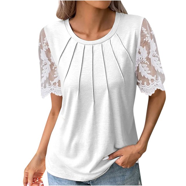 Blouses à Manches Courtes pour Femmes Mode pour Femmes T-Shirt Uni Blouse en Dentelle à Manches Courtes Col Rond Hauts Décontractés Femmes Hauts à Manches Courtes T-Shirts en Coton Femmes Blouse à Manches Courtes