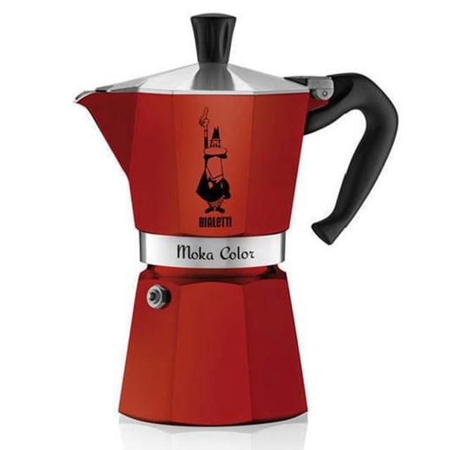 Bialetti 6-Cup Moka Express Coffee Maker in red with black ergonomic handle and knob, featuring the classic eight-sided aluminum pot design and Bialetti logo, ideal for stovetop espresso brewing and producing rich Italian coffee.