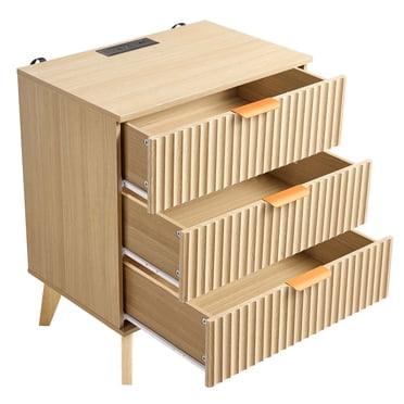KFFKFF Table de Nuit Cannelée avec Station de Recharge, avec 3 Tiroirs, Commode pour Chambre, Table d'Appoint Mi-Siècle Moderne, Armoire de Rangement de Chevet Table d'Appoint Commode, pour Chambre, Salon, Kaki