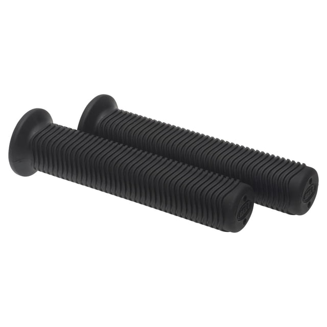 Bell Sports Pump 350 BMX Rubber Bike Grips in black with extra-long ridged rubber texture, narrow flanges for handbrake compatibility, and reinforced end caps embossed with the Bell logo, designed for BMX bike control and shock absorption.