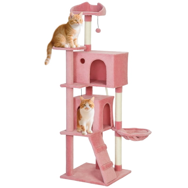 PawHut Arbre à Chat de 63 Pouces avec Poteaux à Griffer en Sisal, Condos, Rose. un Grand Arbre à Chat à Plusieurs Niveaux Comprenant Deux Condos, un Hamac, une Échelle et des Poteaux Enveloppés de Sisal pour Griffer. Comprend un Perchoir Supérieur avec design Oreilles de Chat et une Balle Pendante pour Jouer. Recouvert d'Un Matériau Peluche Rose Doux avec accents Crème, Convient aux Chats de 1 à 3 Ans. base Renforcée et Sangle Anti-Basculement Assurent la Stabilité.