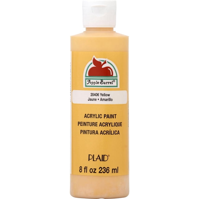 Apple Barrel Colors Matte Acrylic Craft Paint, 8 fl. oz., Yellow, plastic bottle with white flip-top cap and yellow label featuring the Apple Barrel logo and bilingual product name; this matte acrylic paint is suitable for basecoating, stenciling, and use on wood, paper, canvas, and more.